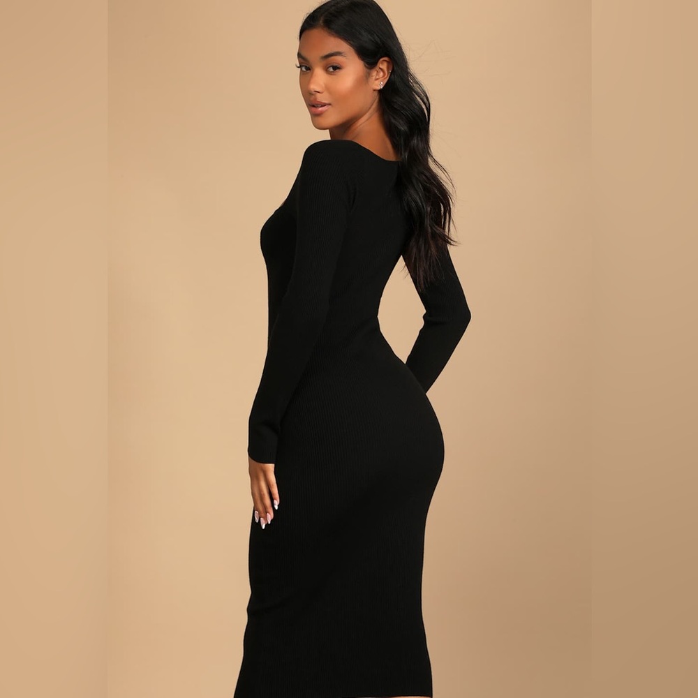 Lulus Fall Feelings Black Ribbed Bodycon knit Midi Sweater Dress Long Sleeve L - Picture 3 of 11